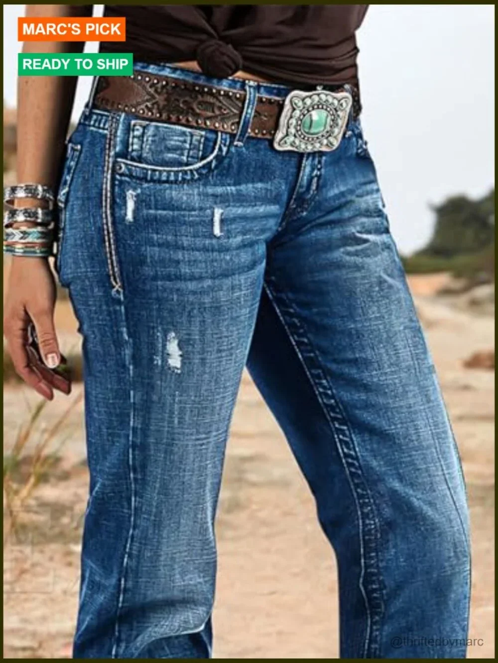 Mid Rise Bootcut Flare Jeans Distressed Stitch Stretch Denim Pants - Picture 2 of 7